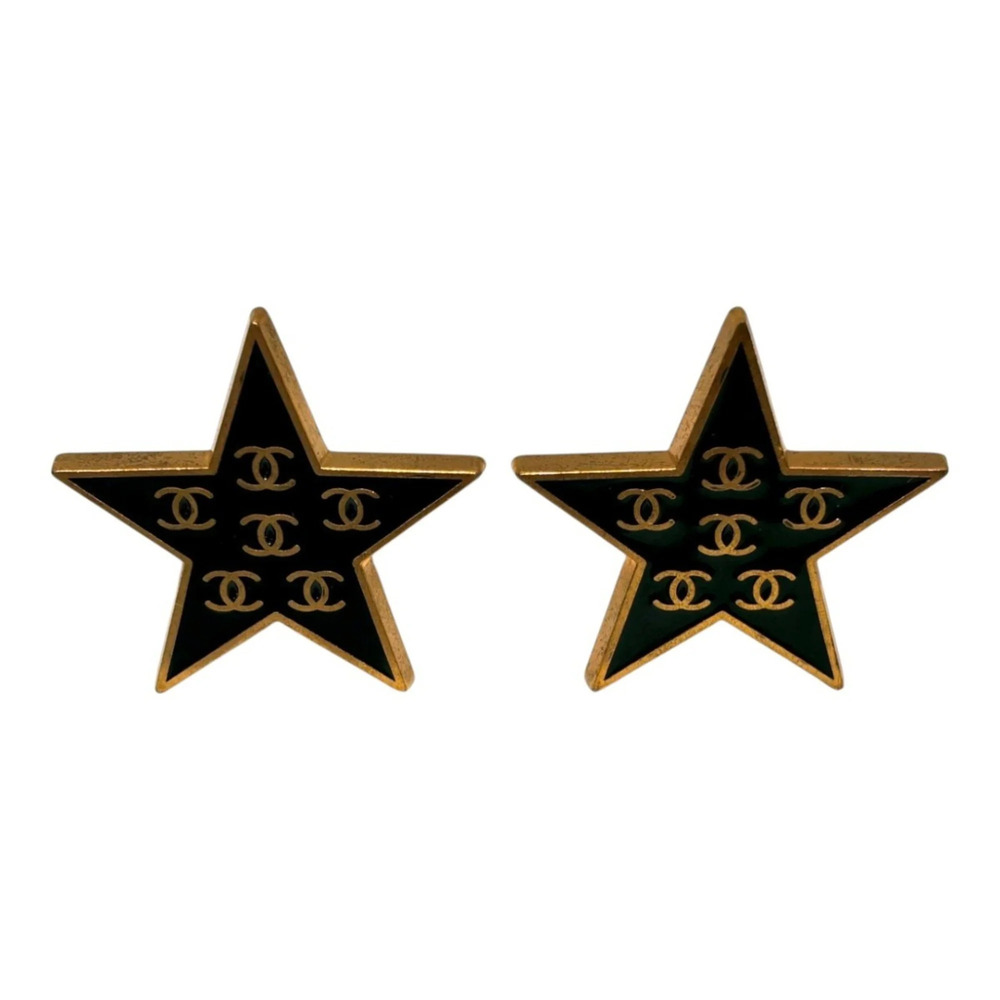 Chanel Coco Mark Star Earrings, Black x Gold, Vintage Style, Total Weight 15....
